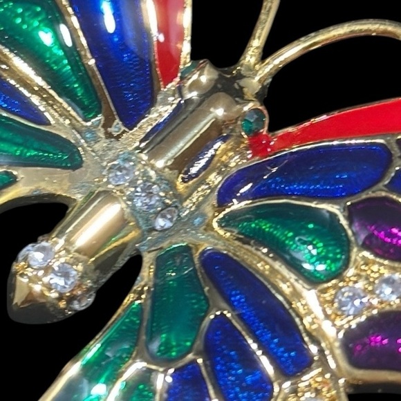 Vibrant, butterfly, enamel, rhinestone, gold tone, brooch, pin blue red green - Picture 4 of 7